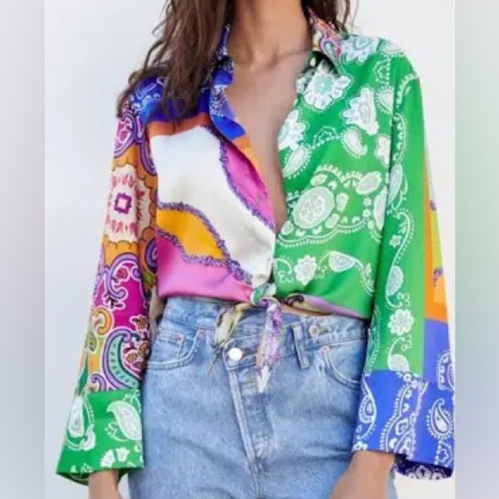 Zara Cropped Tie-Front Paisley Satin Top with Bell Sleeves